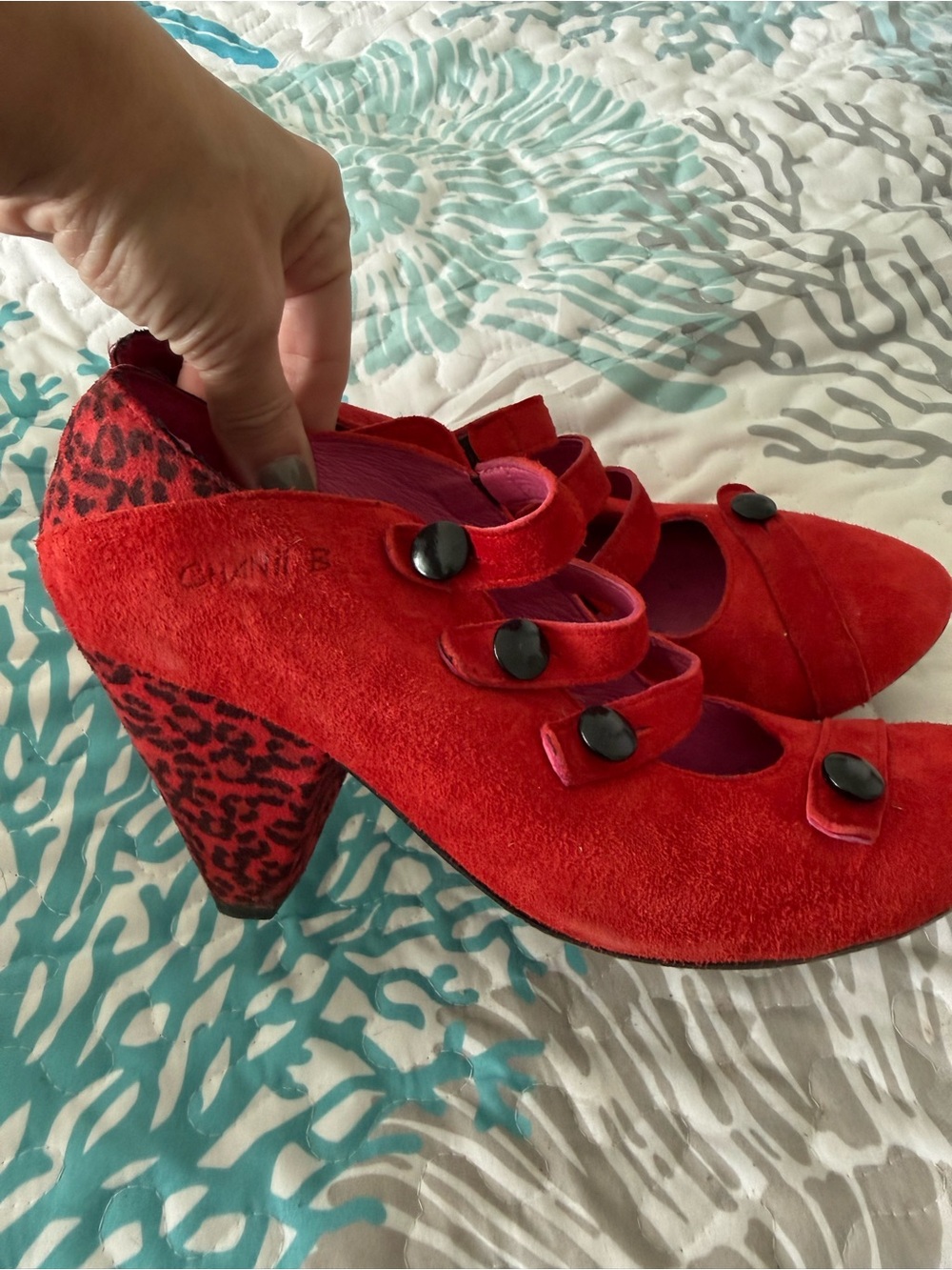 Red Suede Mary Jane Heels with Leopard-Print Heel